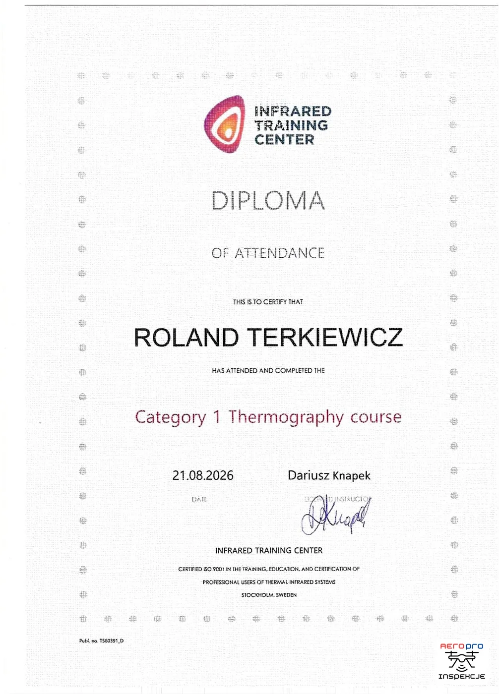 Diploma of Attendance — Category 1 Thermography Course